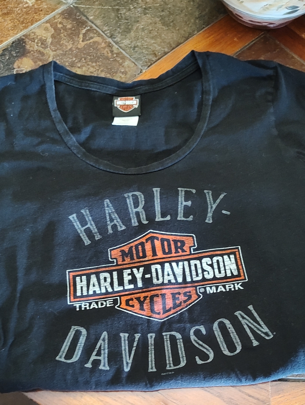 Woman's V Neck Xxl Harley-Davidson Black Tee with Orange and White Shield Logo